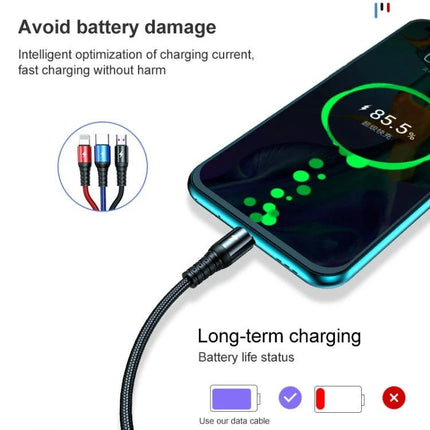 K061 Versatile 3-in-1 Cable for Daily Device Charging Needs connected to smartphone showing fast charging and braided cable for travel and commute