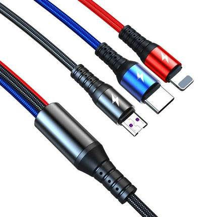 K061 Versatile 3-in-1 Cable for Daily Device Charging Needs – braided multi-connector cable with USB-C, Lightning, and Micro-USB connectors for charging and data