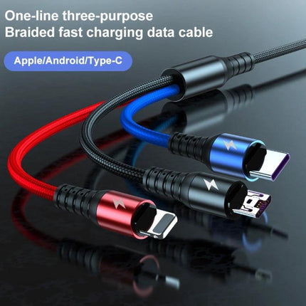 K061 Versatile 3-in-1 Cable for Daily Device Charging Needs braided Apple/Android/Type-C cable for commuting work and travel, fast charging and data transfer