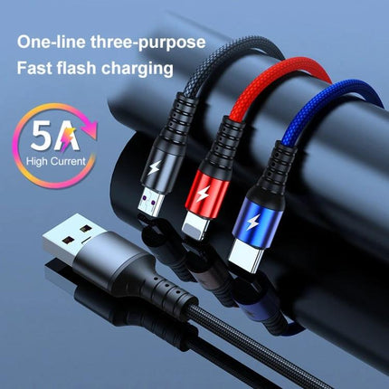 K061 Versatile 3-in-1 Cable for Daily Device Charging Needs - braided fast-charging 3-in-1 cable with USB-A and three connectors (black red blue)