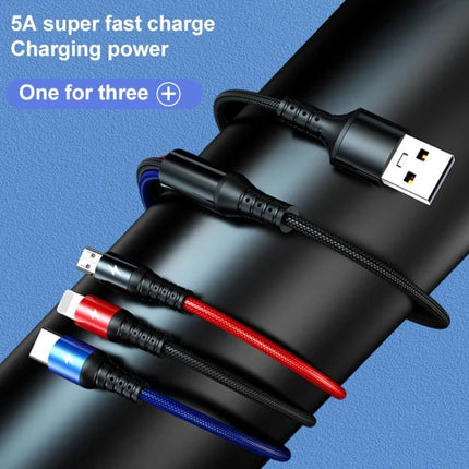 K061 Versatile 3-in-1 Cable for Daily Device Charging Needs - braided USB-A cable with red blue black multi-tip connectors for fast 5A charging