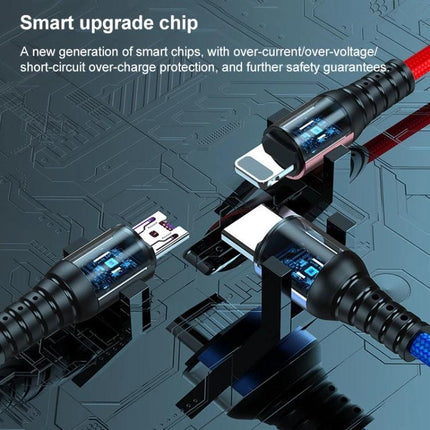 K061 Versatile 3-in-1 Cable for Daily Device Charging Needs showing three connectors with visible smart upgrade chip and braided cables