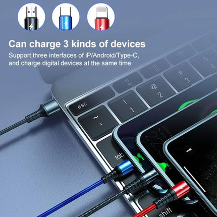K061 Versatile 3-in-1 Cable for Daily Device Charging Needs - braided 3-in-1 charging cable powering smartphone, tablet, earbuds from laptop