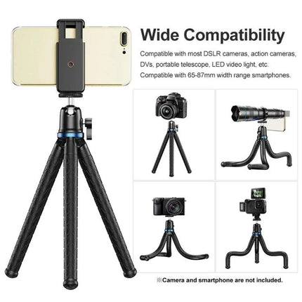 Apexel Tripod for Home and Travel Photography Sessions - compact portable tripod holding smartphone and camera for steady shots