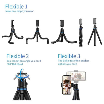 Apexel Tripod for Home and Travel Photography Sessions showing flexible tripod legs, 360° ball head and smartphone mount for travel and home use
