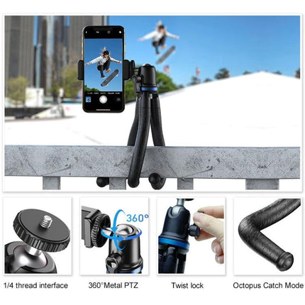 Apexel Tripod for Home and Travel Photography Sessions steady octopus tripod holding smartphone for skateboarding shots and travel use