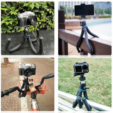 Apexel Tripod for Home and Travel Photography Sessions showing flexible legs holding camera, smartphone, and action cam for steady shots