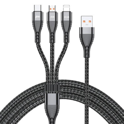 Cable for Charging Devices Daily at Home and Travel - braided 3-in-1 USB cable charges phone, tablet, and devices simultaneously for home or travel
