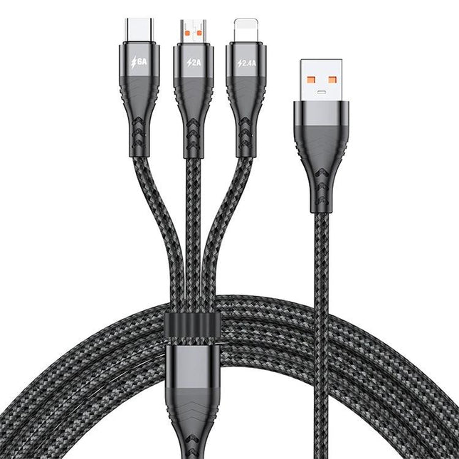 Cable for Charging Devices Daily at Home and Travel - braided 3-in-1 USB cable charges phone, tablet, and devices simultaneously for home or travel