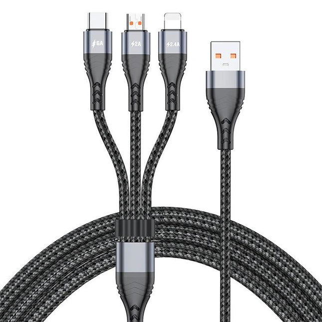Cable for Charging Devices Daily at Home and Travel - braided 3-in-1 USB to USB-C Micro USB Lightning charging cable for phone tablet and travel