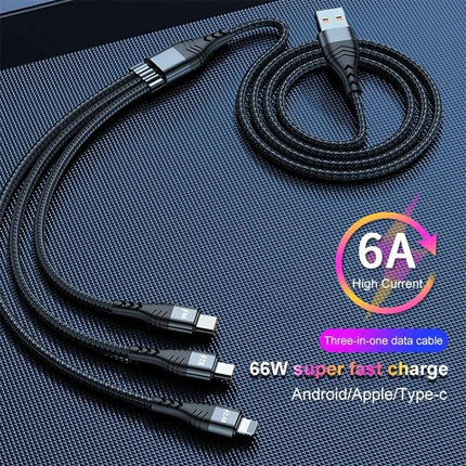 Cable for Charging Devices Daily at Home and Travel - 3-in-1 66W braided cable charges phone tablet and more while traveling or at home