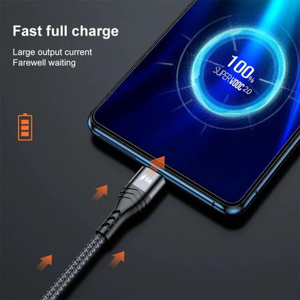 Cable for Charging Devices Daily at Home and Travel shown charging a smartphone with braided fast-charge cable plugged in