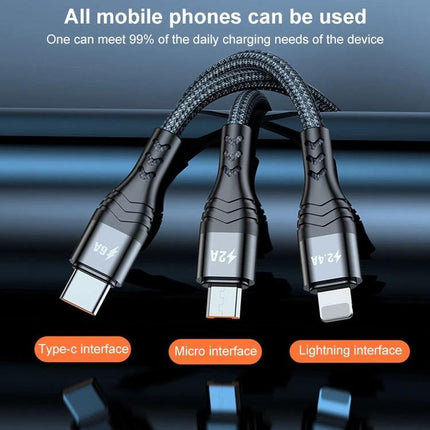 Cable for Charging Devices Daily at Home and Travel - 3-in-1 braided charging cable with Type-C, Micro USB, and Lightning connectors for phone and tablet