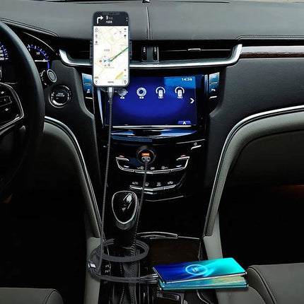 Cable for Charging Devices Daily at Home and Travel in car center console charging three devices—phone on mount, tablet on armrest