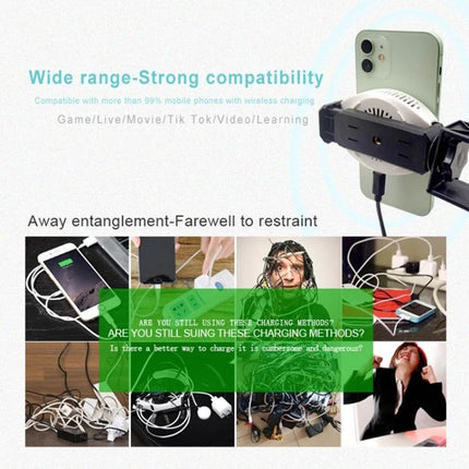Cooling Wireless Charger for Daily Phone Use at Home showing phone mounted while charging and cooling, preventing overheating during streaming and gaming