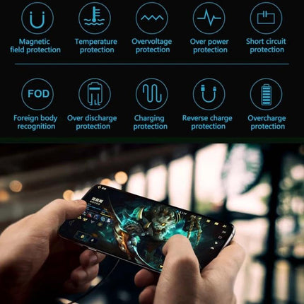 Cooling Wireless Charger for Daily Phone Use at Home showing phone gaming while icons list temperature, overcharge, short-circuit and other protections