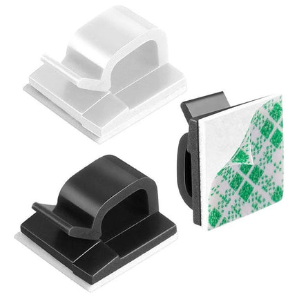 Cable Clips for Organizing Desk Cables in Daily Use - white and black plastic adhesive cord holders to keep desk cables tidy