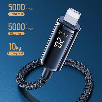 REMAX Cable for Daily Phone Charging at Home or Travel - braided 20W cable with digital display showing charging speed and durability tests