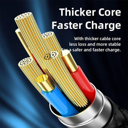 REMAX Cable for Daily Phone Charging at Home or Travel showing thicker gold-plated core wires for faster, safer everyday charging with digital display