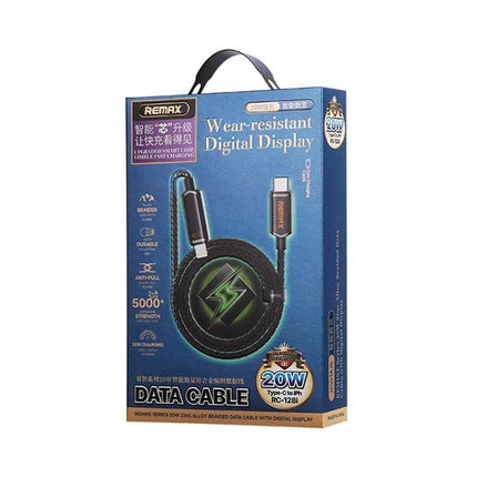 REMAX Cable for Daily Phone Charging at Home or Travel – packaged wear-resistant data cable with digital display and 20W charging