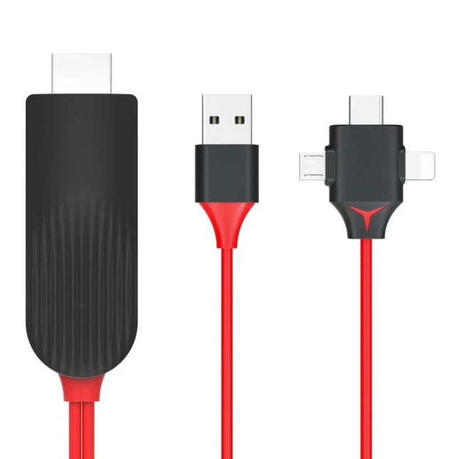 MiraScreen Cable for Connecting Devices to TV in Daily Use - black dongle with red cable and USB, HDMI and multi-device connector