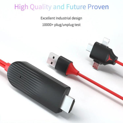 MiraScreen Cable for Connecting Devices to TV in Daily Use - red HDMI/USB adapter showing USB plug, HDMI dongle and micro/Type-C connectors