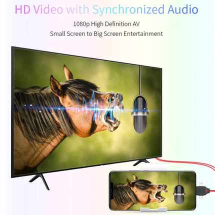 MiraScreen Cable for Connecting Devices to TV in Daily Use showing phone mirrored to TV with 1080p audio-visual