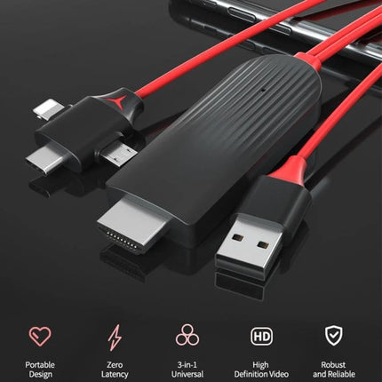 MiraScreen Cable for Connecting Devices to TV in Daily Use - red 3-in-1 HDMI USB cable for phone tablet streaming