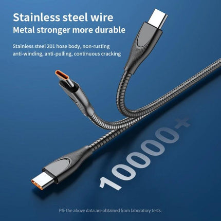 Durable USB-C to Lightning Cable for Everyday Device Charging showing stainless steel braided cable and connectors, 10000+ bend test durability