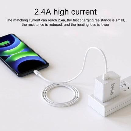 IVON 2 Meter Micro USB Cable for Everyday Device Charging connected to phone showing 2.4A fast charging with white TPE cable and wall adapter