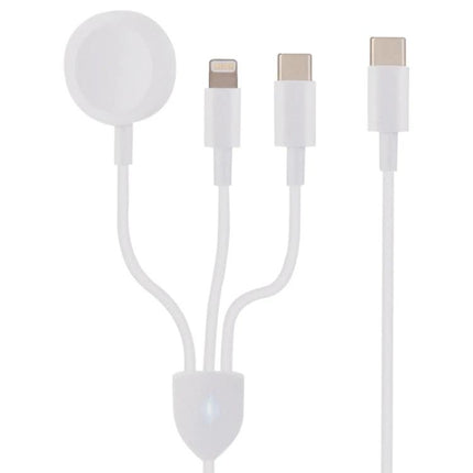 Daily Essential for Charging Phone and Watch at Home - compact 3-in-1 white charger with wireless watch pad and lightning, USB-C connectors for bedside or desk