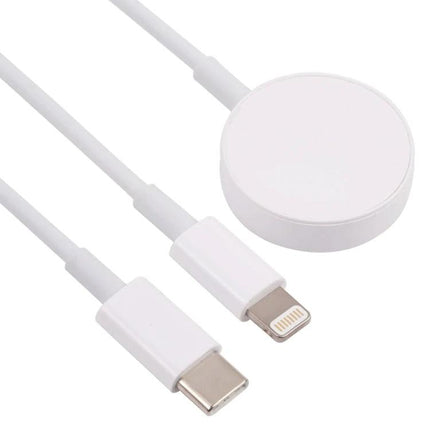 Daily Essential for Charging Phone and Watch at Home - compact white magnetic charging puck with USB-C and Lightning cable for bedside or desk use