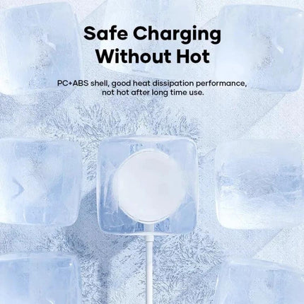 Daily Essential for Charging Phone and Watch at Home - bedside wireless watch pad and phone cable charger on ice background showing cool, safe charging