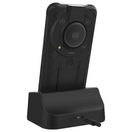 Charge Your AGM Glory G1 on the Desk with This Stand - black desk charging dock holding AGM Glory G1 at an angled viewing position