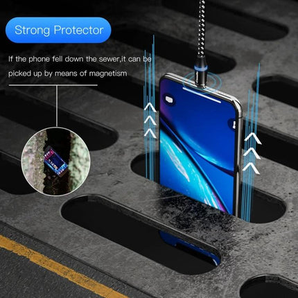 CaseMe Magnetic USB Cable for Travel and Daily Charging - braided magnetic cable attaching to phone above sewer grate showing easy pickup and secure connection