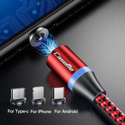 CaseMe Magnetic USB Cable for Travel and Daily Charging showing red magnetic charging cable attaching to phone with interchangeable Type-C, iPhone and Android tips