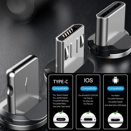 CaseMe Magnetic USB Cable for Travel and Daily Charging — close-up of Type-C, iOS, and Micro USB magnetic connector adapters