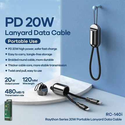 Portable REMAX Lanyard Cable for Daily Phone Charging – compact PD 20W braided lanyard data cable hanging and coiled for travel and commuting