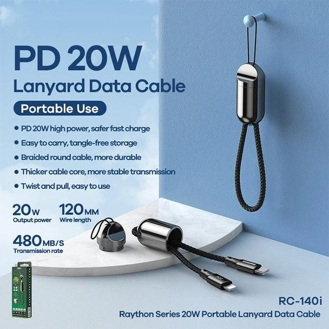 Portable REMAX Lanyard Cable for Daily Phone Charging – compact PD 20W braided lanyard data cable hanging and coiled for travel and commuting