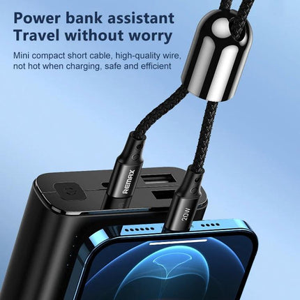 Portable REMAX Lanyard Cable for Daily Phone Charging — compact braided lanyard charging cable attached to power bank and smartphone, travel-friendly