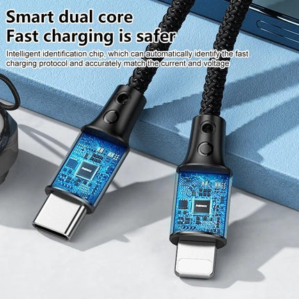 Portable REMAX Lanyard Cable for Daily Phone Charging showing braided dual-core USB-C and Lightning connectors with visible charging chips