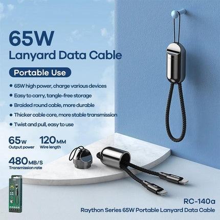 REMAX Lanyard USB-C Cable for Everyday Travel Essentials — compact 65W lanyard data cable with braided tangle-free design for travel