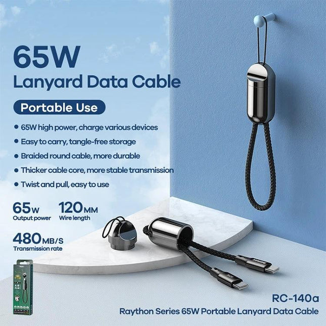 REMAX Lanyard USB-C Cable for Everyday Travel Essentials — compact 65W lanyard data cable with braided tangle-free design for travel