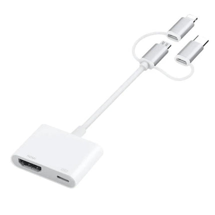 Easily Mirror Your Phone Screen to a Larger TV at Home — white HDMI adapter cable for phone-to-TV mirroring and charging