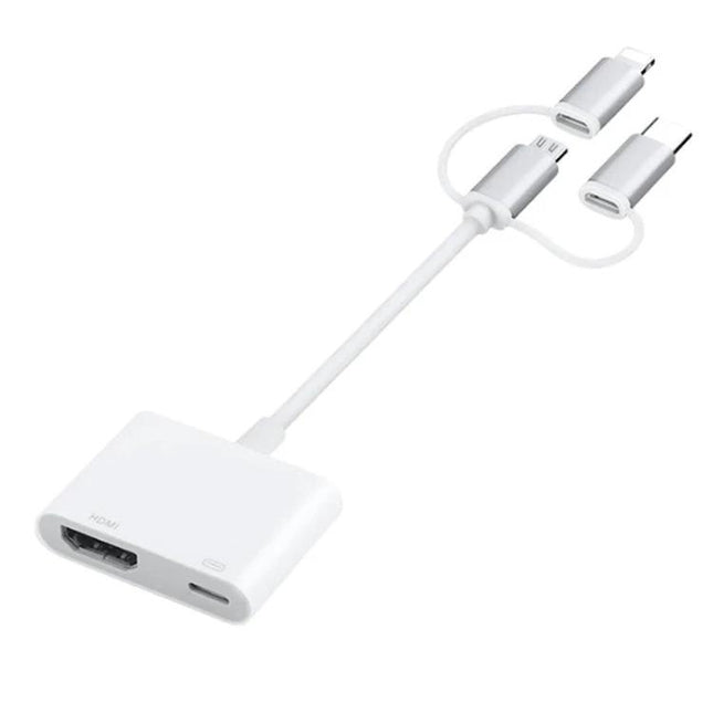 Easily Mirror Your Phone Screen to a Larger TV at Home — white HDMI adapter cable for phone-to-TV mirroring and charging