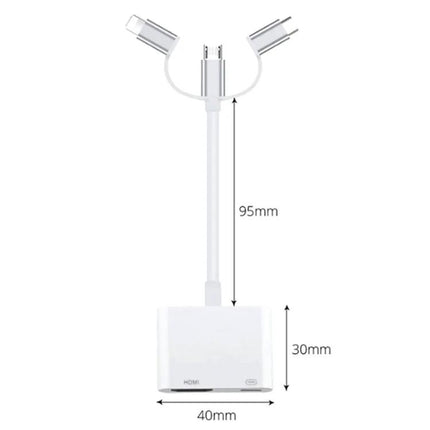 Easily Mirror Your Phone Screen to a Larger TV at Home — white 3-in-1 HDMI adapter cable with measurements for phone-to-TV mirroring