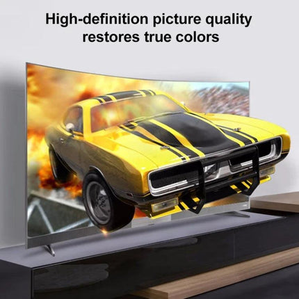 Easily Mirror Your Phone Screen to a Larger TV at Home with HDMI adapter showing car bursting from TV for high-definition picture quality