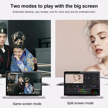 Easily Mirror Your Phone Screen to a Larger TV at Home HDMI adapter showing same screen and split screen modes on laptops