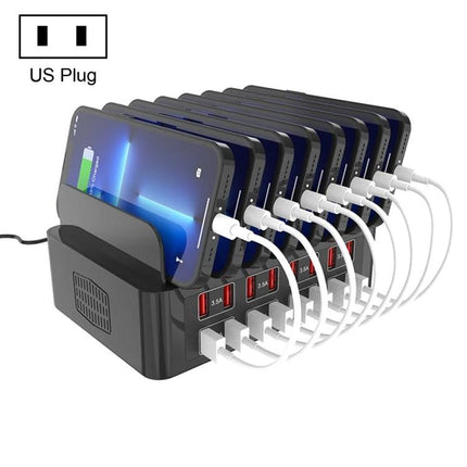 YFY Charging Stand for Home Office Devices and Tablets charging multiple phones and tablets simultaneously on a black multi-port dock