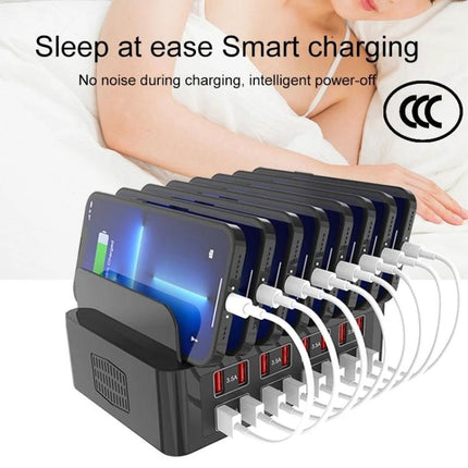 YFY Charging Stand for Home Office Devices and Tablets charging multiple phones and tablets neatly with USB cables in a clutter-free home office
